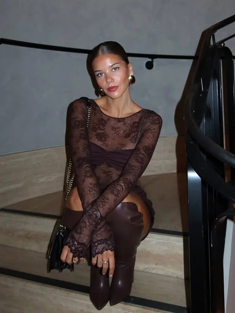 Sheer Lace Long Sleeve Bodycon Dress