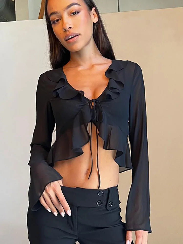 Vintage 90s Streetwear Ruffles Trim Green Chiffon T-shirts Y2K Fashion Sexy Deep V Lace Up Long Sleeve Tops Transparent