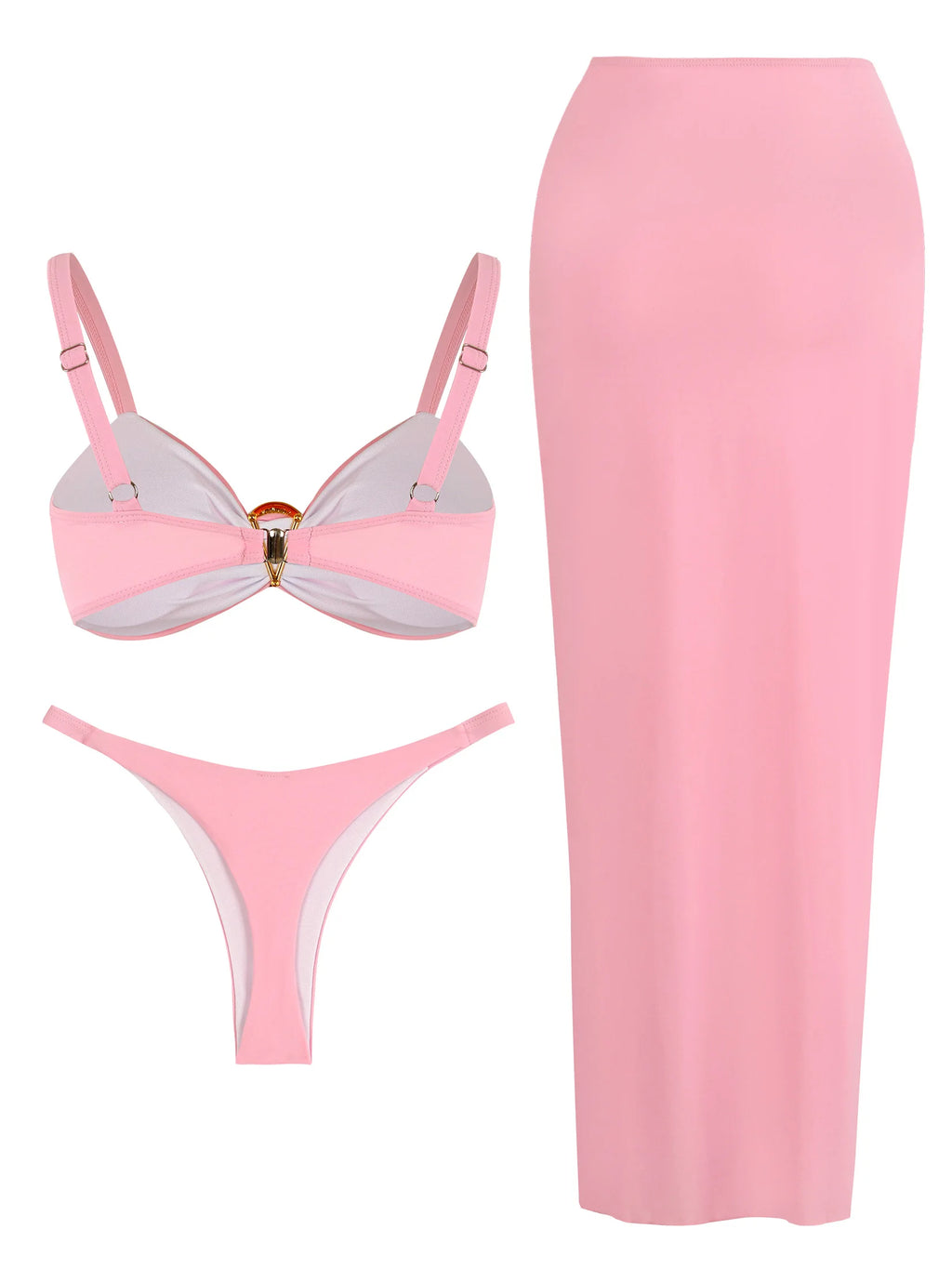 3 Pieces Bikini Set with Coverup Skirt Push up Swimsuit 2025 Sexy Women Bathing Suits High Waist Beachwear Pink Beach Dress K139