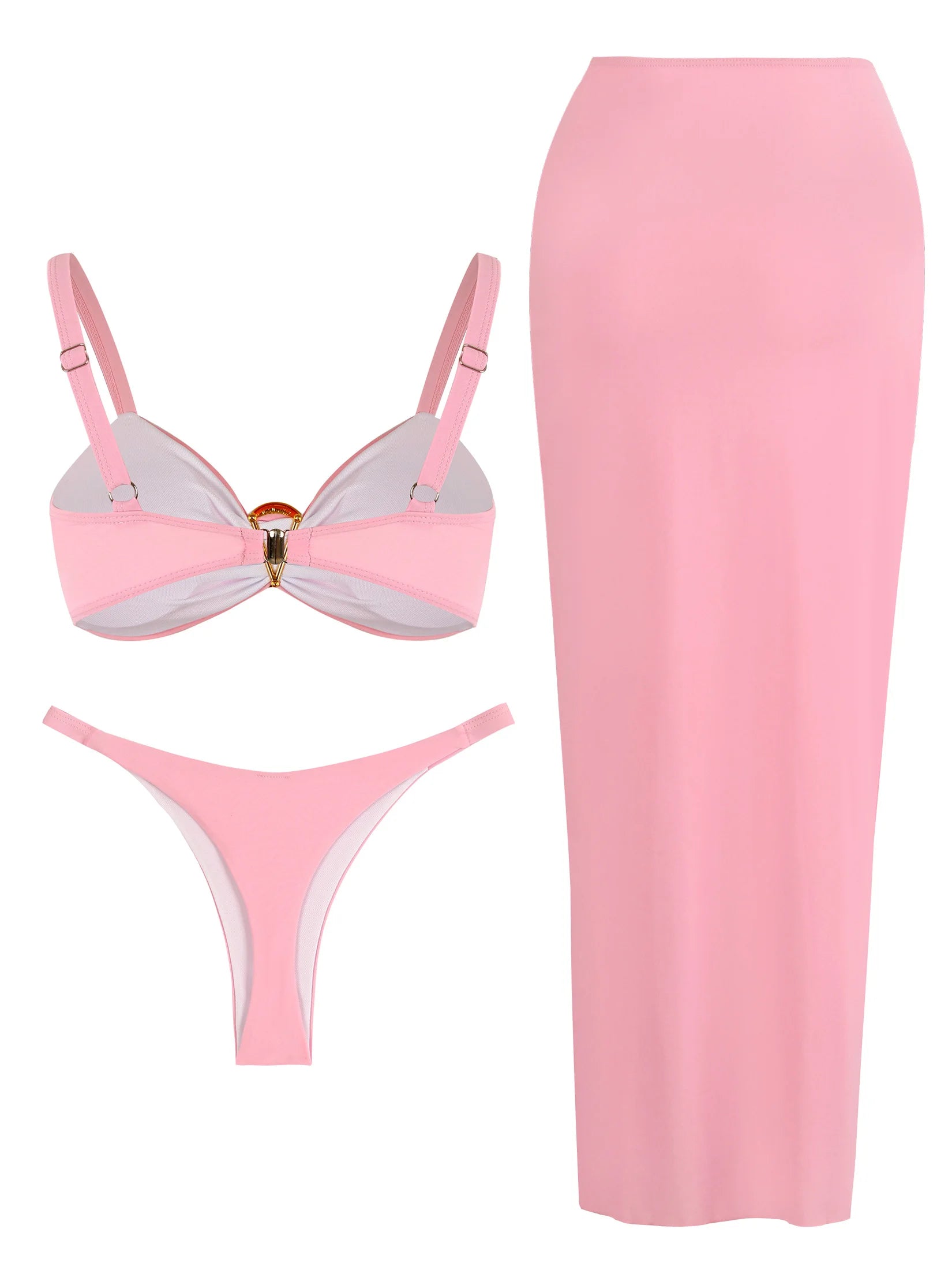 3 Pieces Bikini Set with Coverup Skirt Push up Swimsuit 2025 Sexy Women Bathing Suits High Waist Beachwear Pink Beach Dress K139