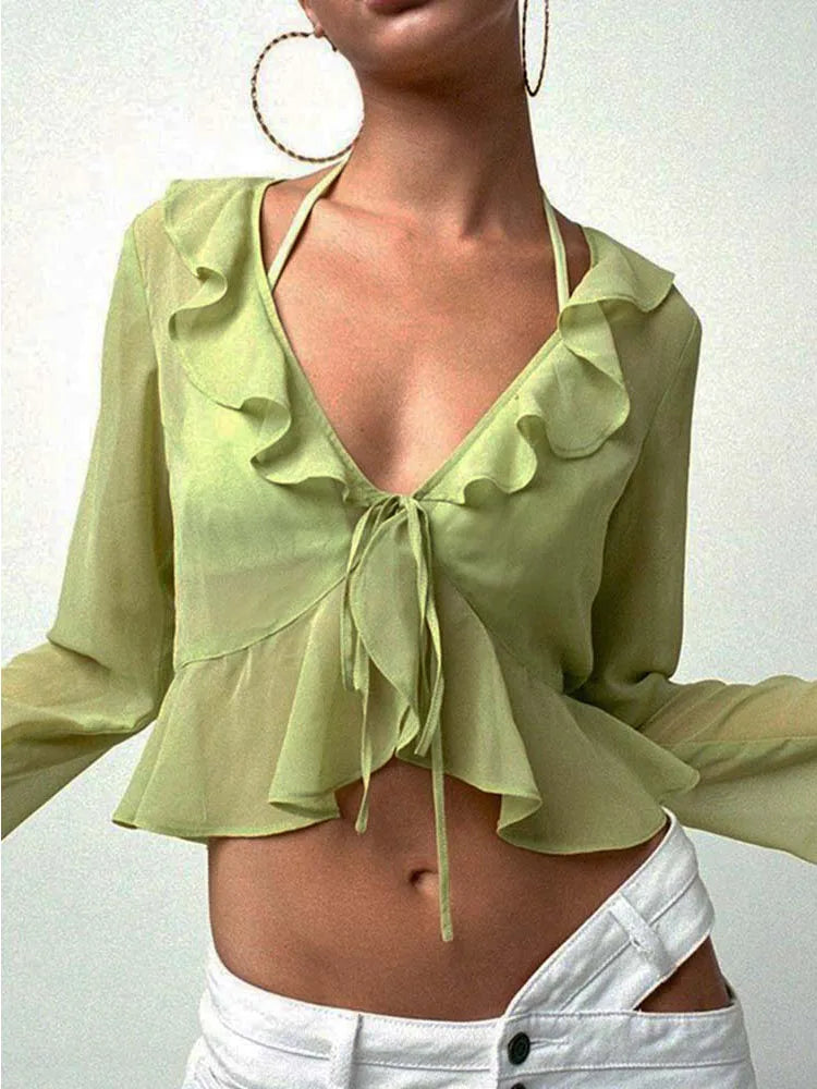 Vintage 90s Streetwear Ruffles Trim Green Chiffon T-shirts Y2K Fashion Sexy Deep V Lace Up Long Sleeve Tops Transparent