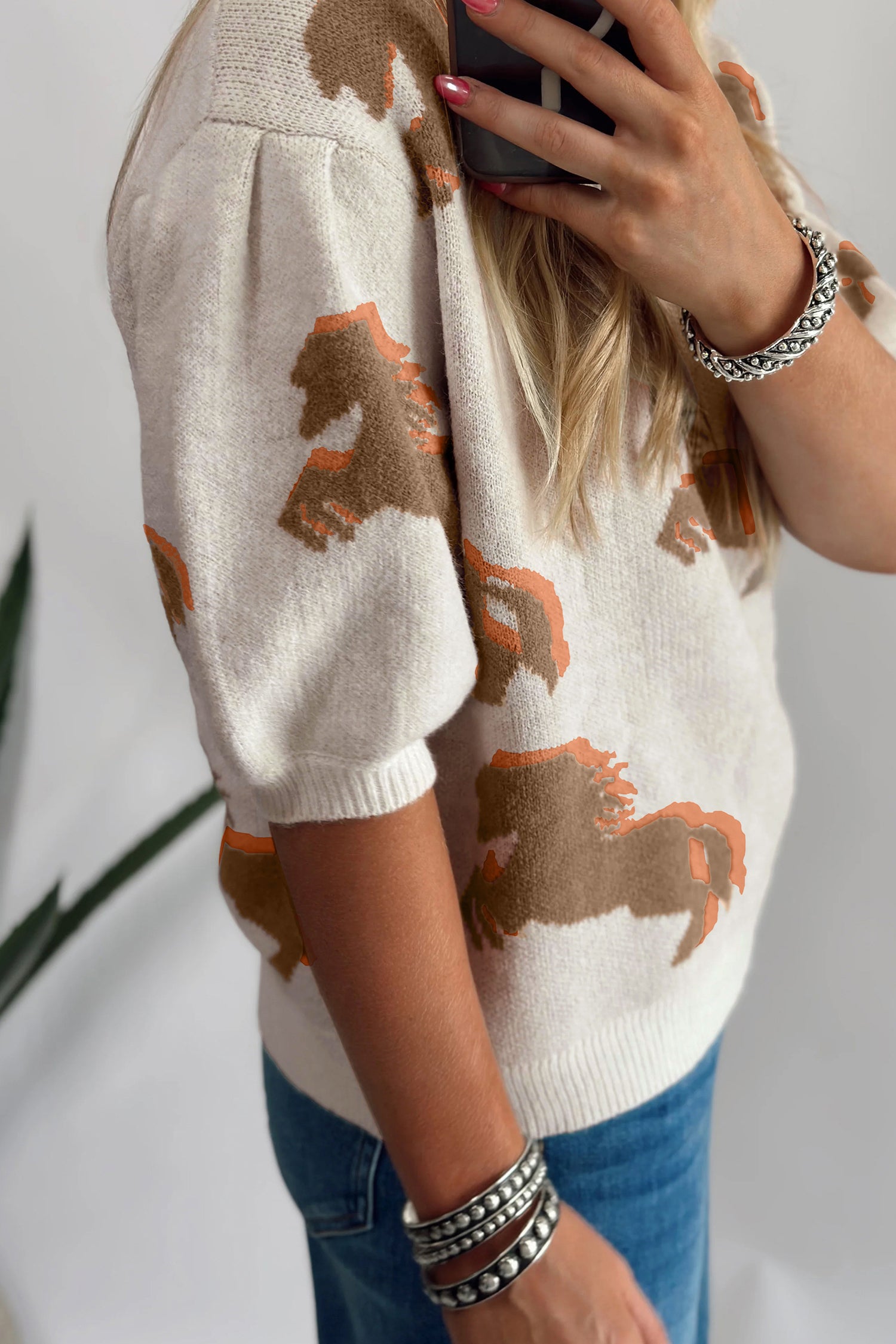 Western Horse Puff Sleeve Sweater