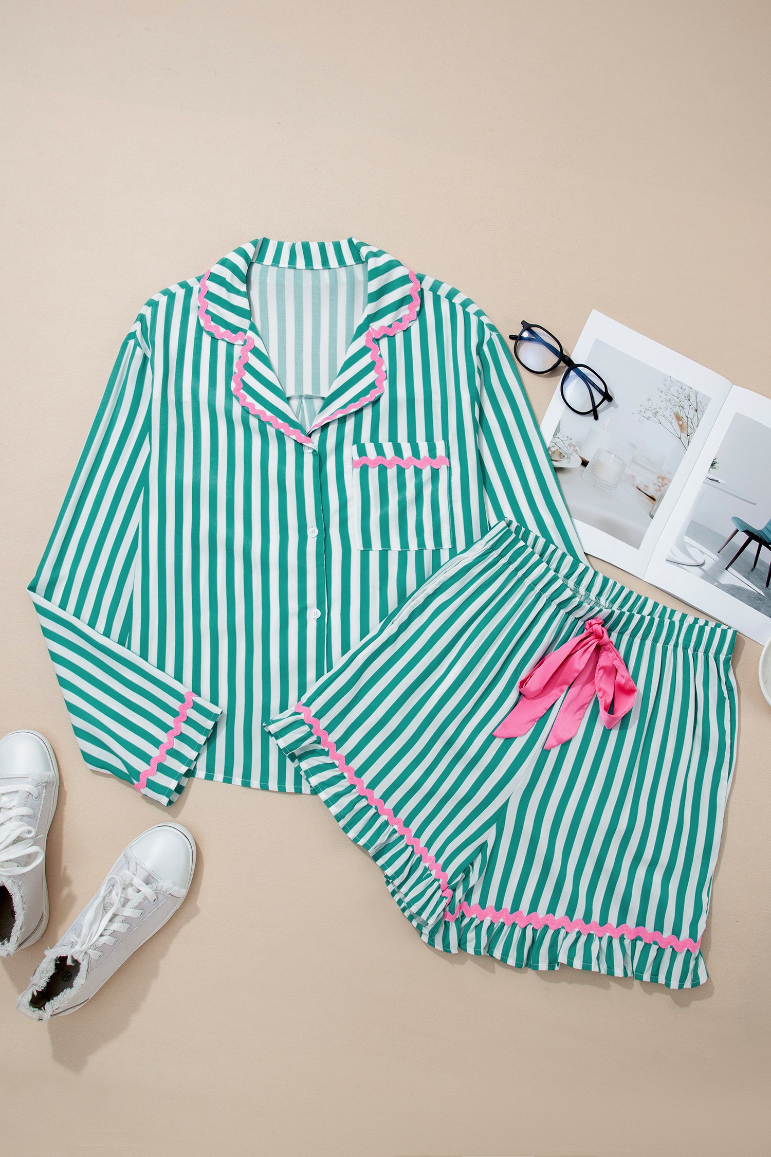 Green Stripe Ricrac Pajama Set
