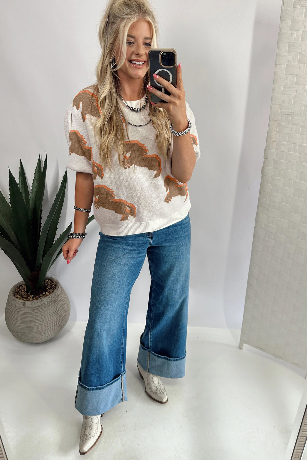 Western Horse Puff Sleeve Sweater
