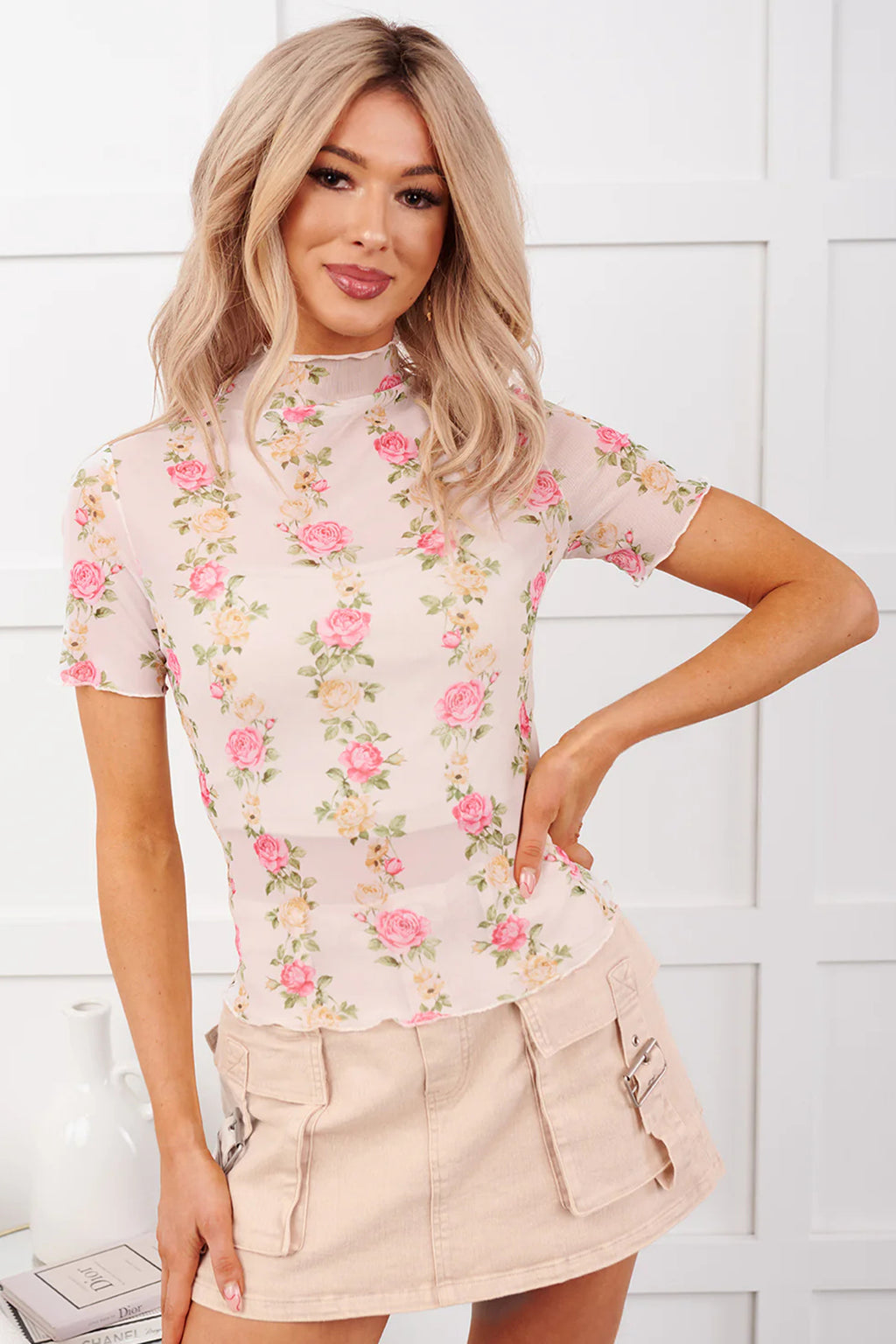 Prairie Floral Mock Neck Mesh Top