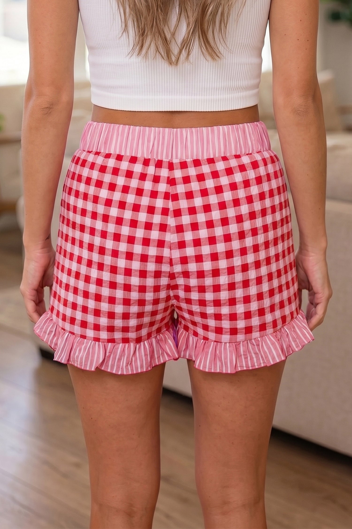 Blue Gingham Ruffle Lace Shorts