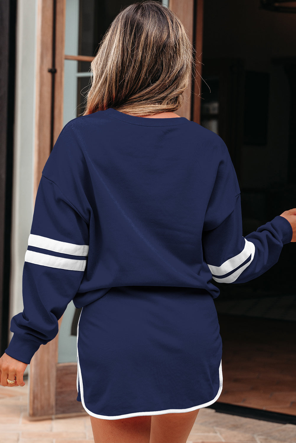 Evergreen Varsity Stripe Detail Drop Shoulder Pullover Mini Skort Set