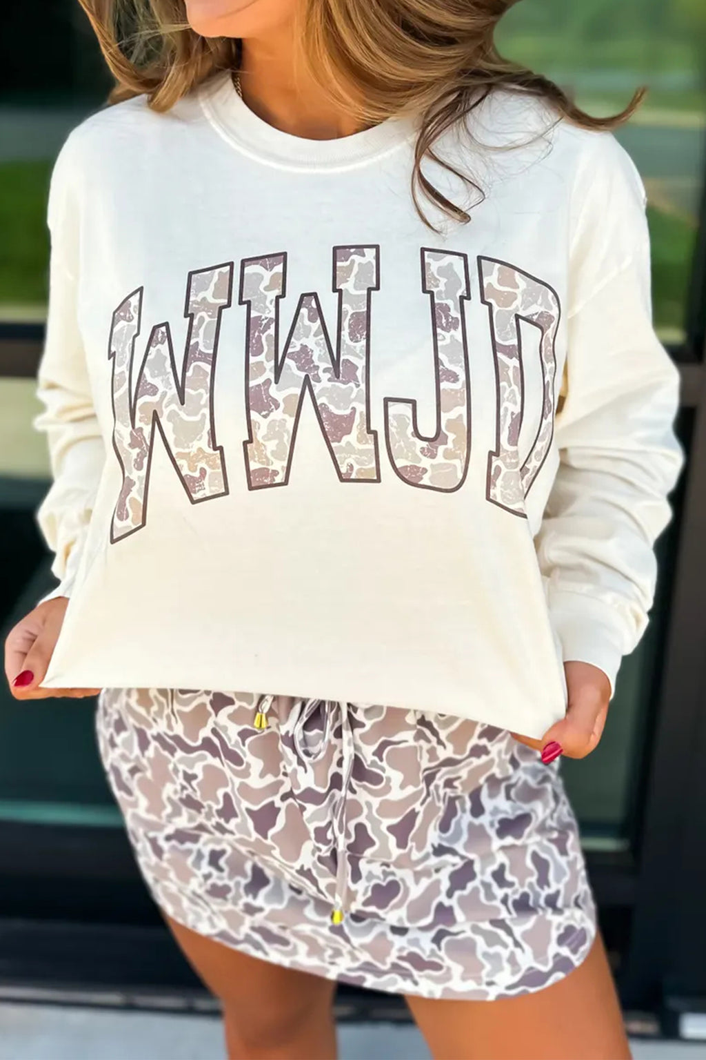 WWJD Camo Letter Long Sleeve Top
