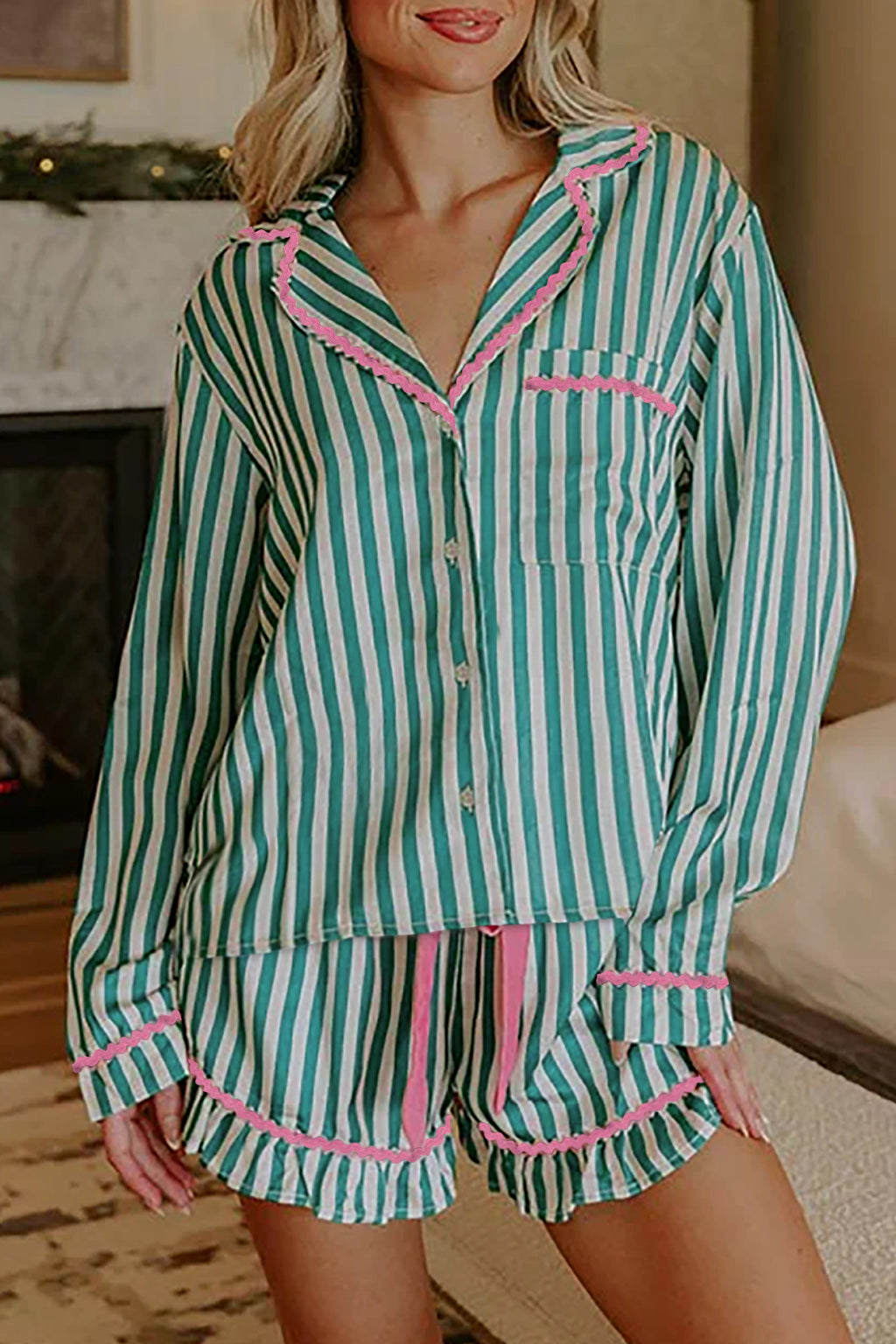 Green Stripe Ricrac Pajama Set