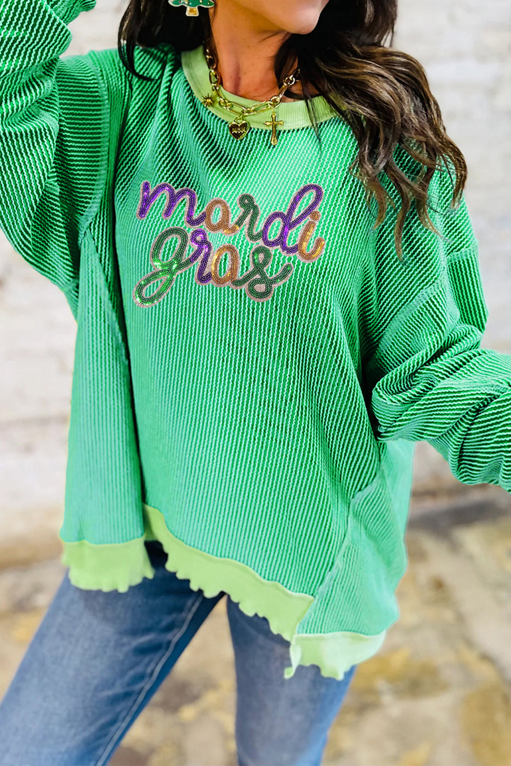 Mardi Gras Sequin Ribbed Patchwork Top