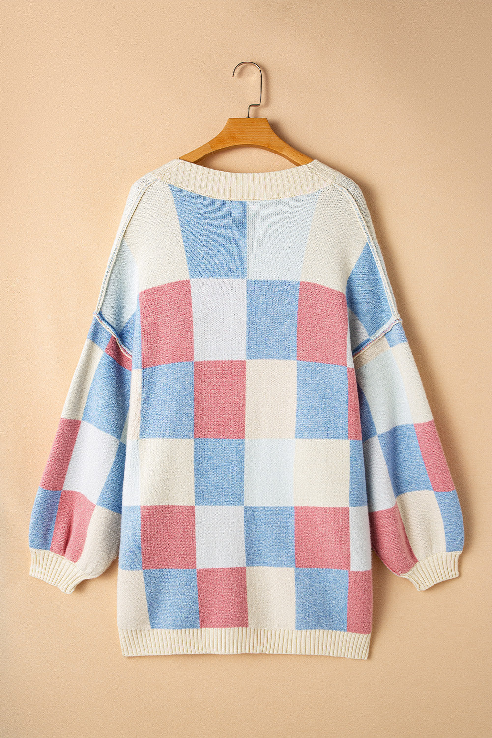 Blue Checkered Open Front Cardigan