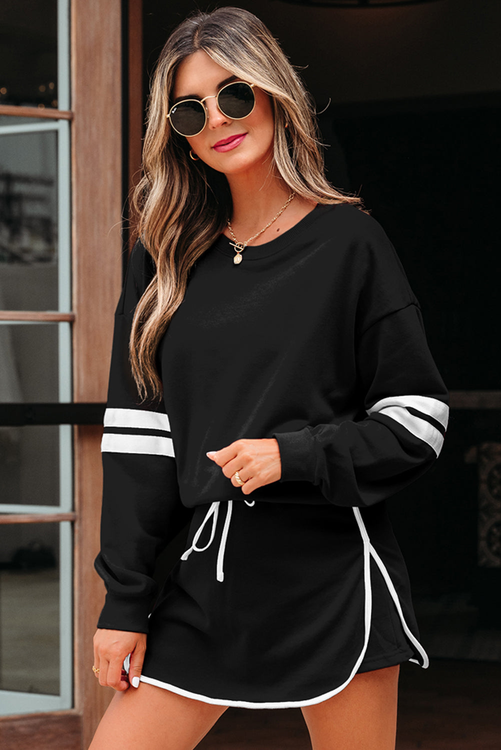 Evergreen Varsity Stripe Detail Drop Shoulder Pullover Mini Skort Set