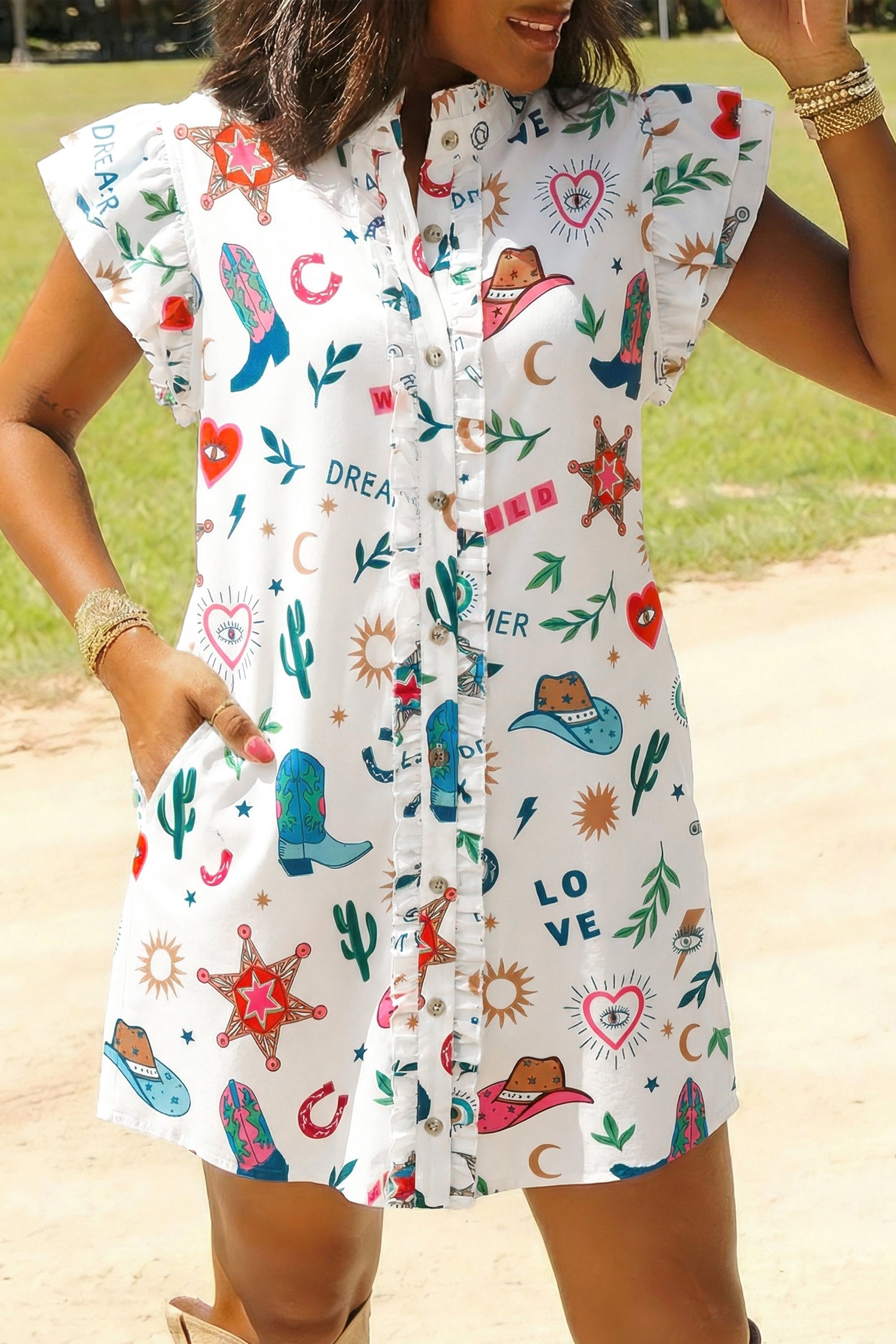 Western Flutter Sleeve Mini Dress