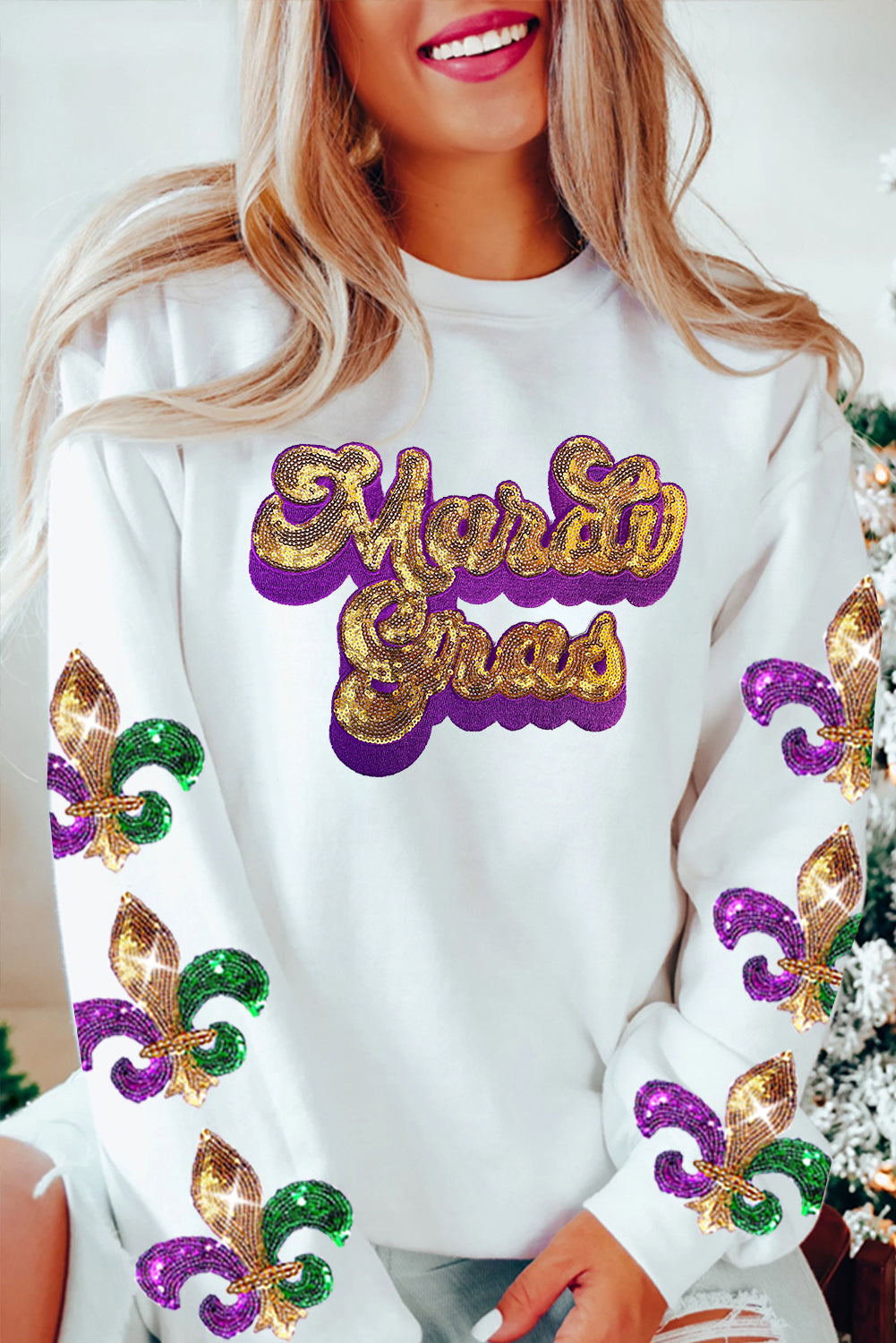 Mardi Gras Sequin Fleur de Lis Sleeve Sweatshirt