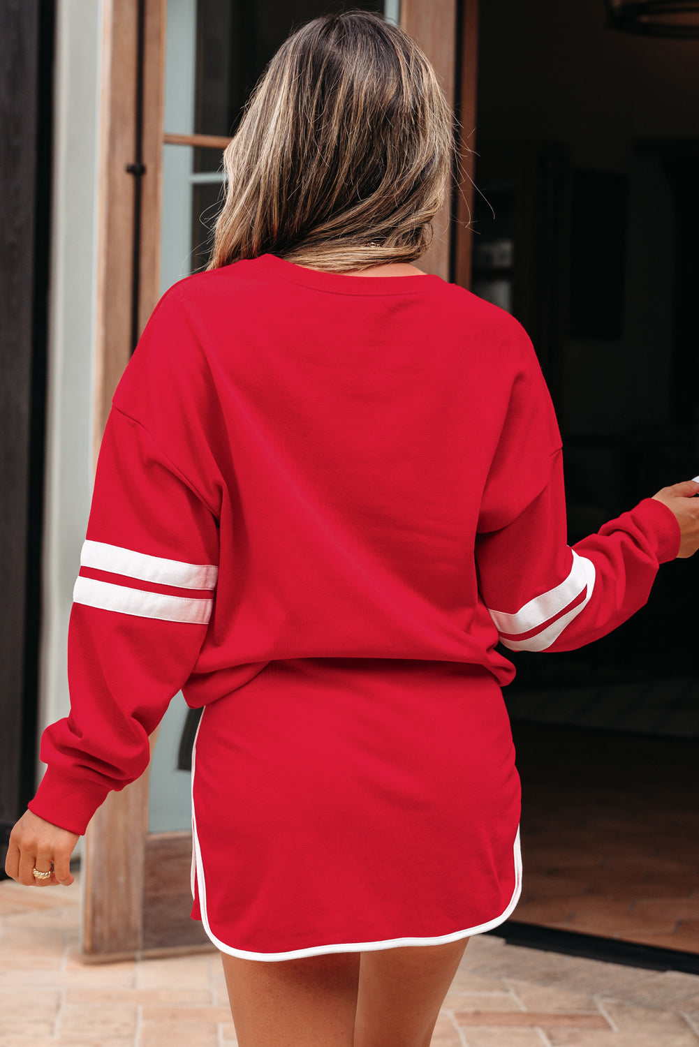 Evergreen Varsity Stripe Detail Drop Shoulder Pullover Mini Skort Set