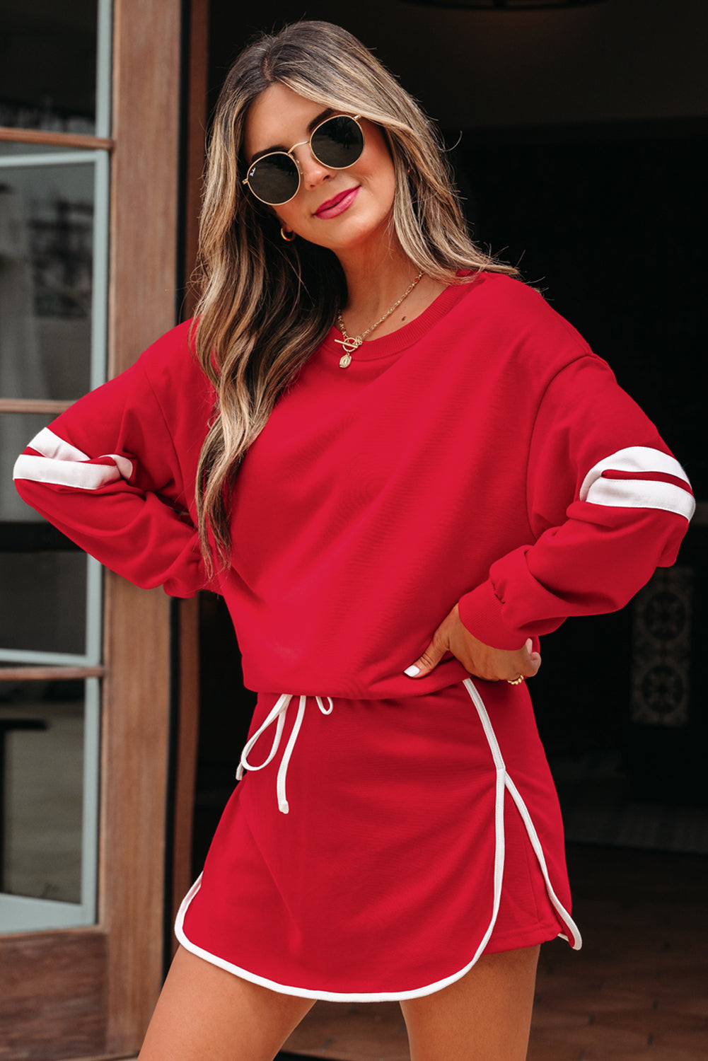 Evergreen Varsity Stripe Detail Drop Shoulder Pullover Mini Skort Set