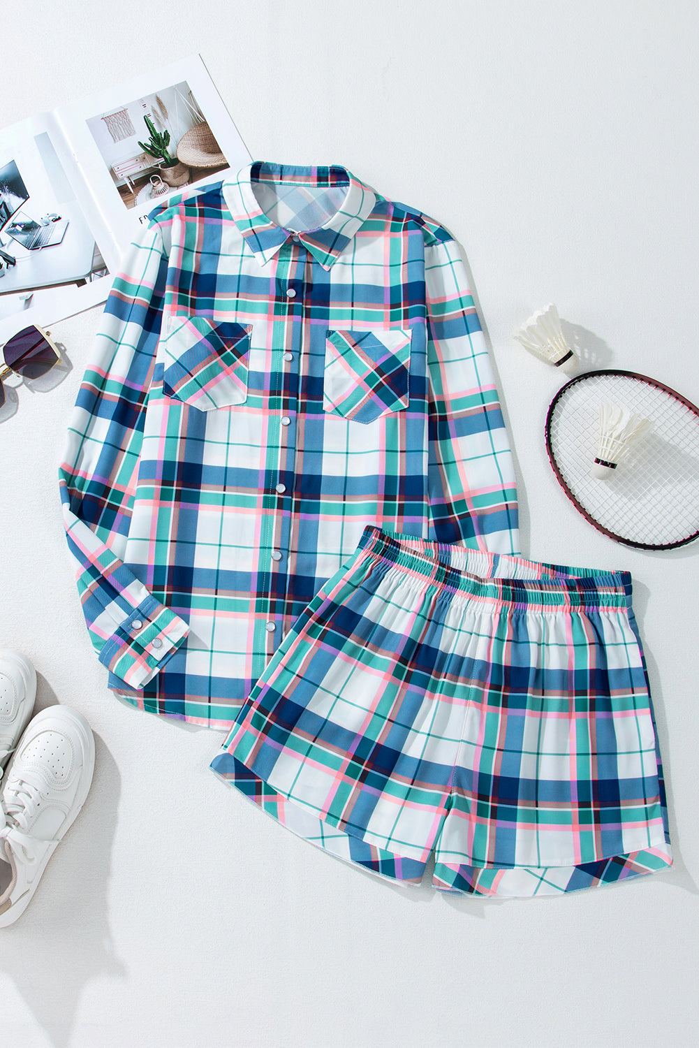 Blue Plaid Short Lounge Set