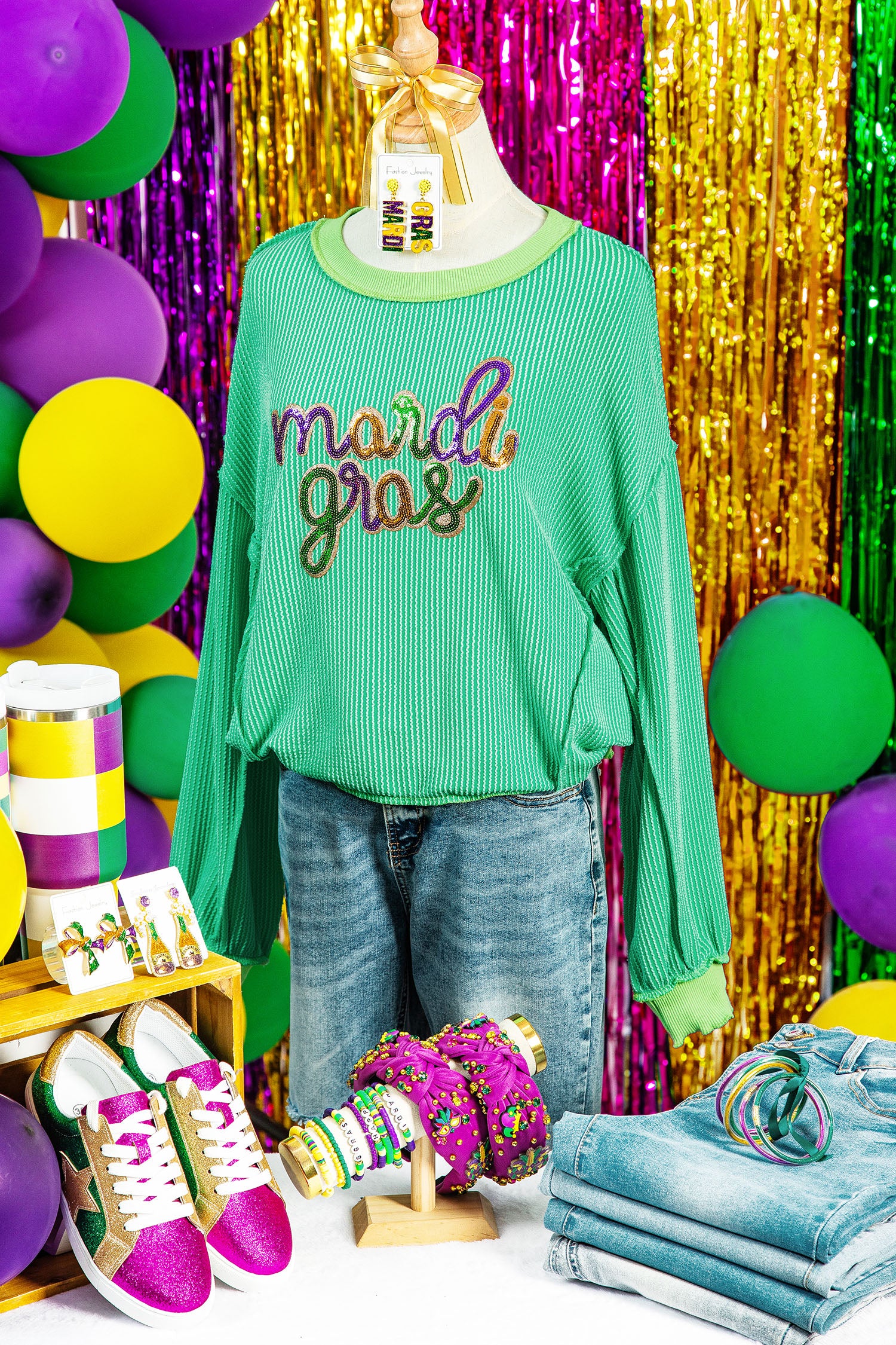 Mardi Gras Sequin Ribbed Patchwork Top