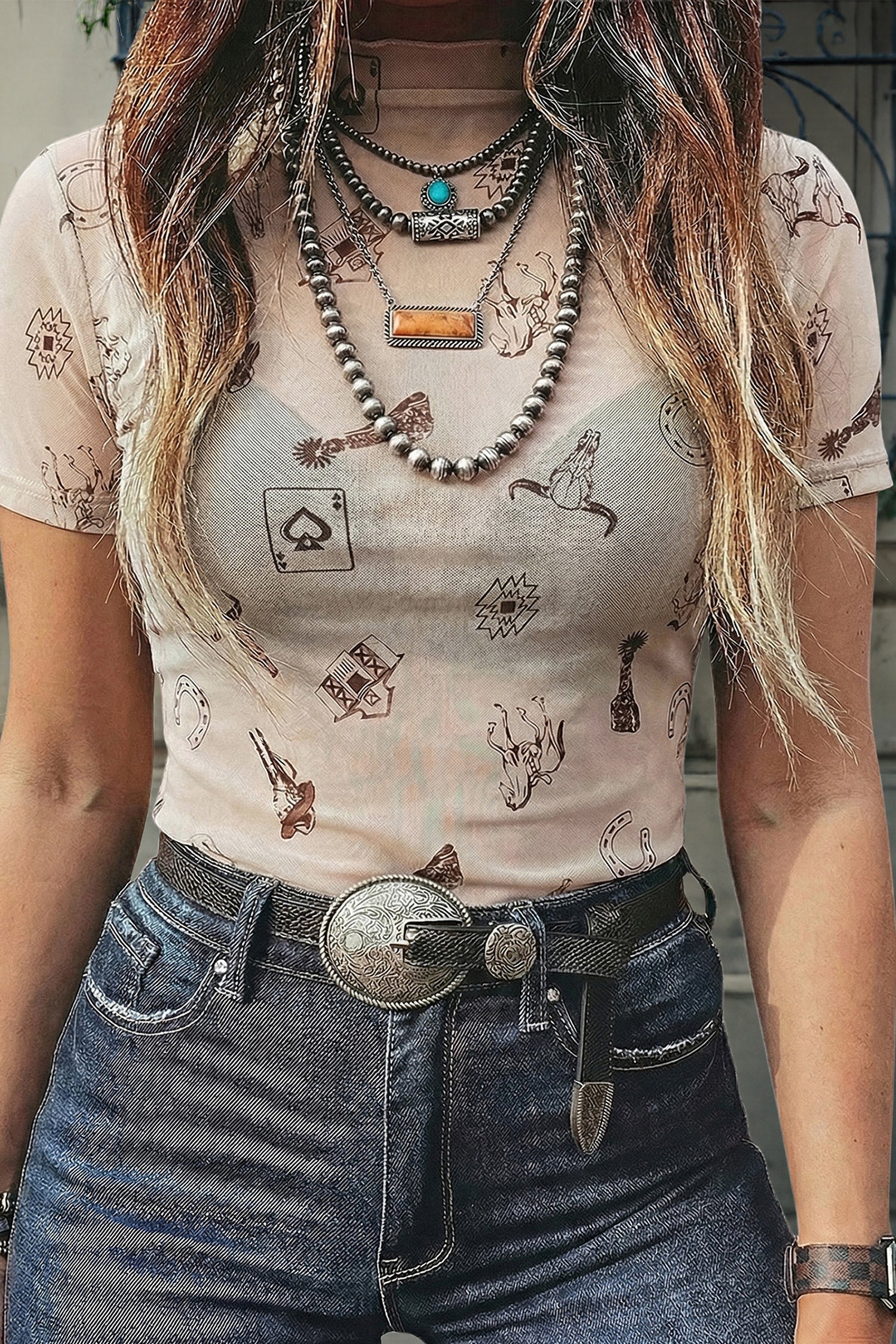 Camel Leopard Printed Mesh Short Sleeve Top