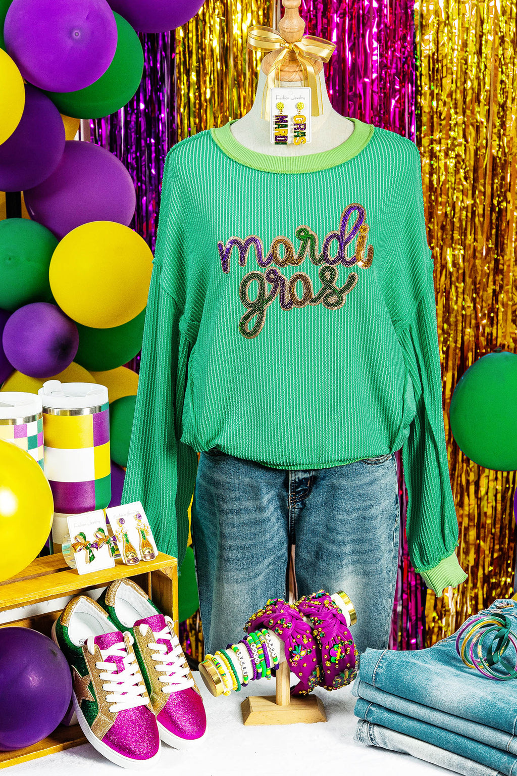 Mardi Gras Sequin Ribbed Patchwork Top