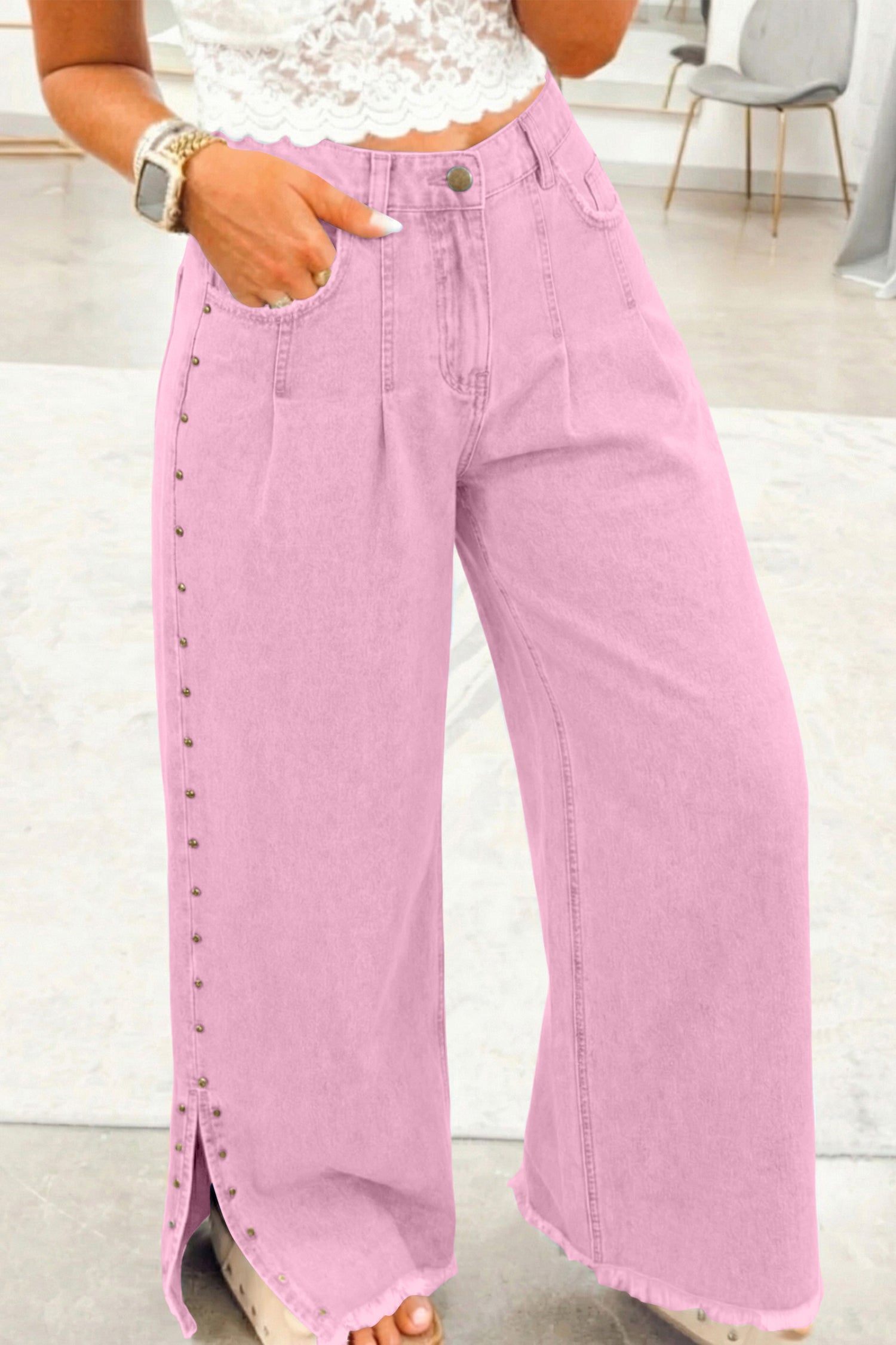 Pink Beaded Split Wide Leg Jeans