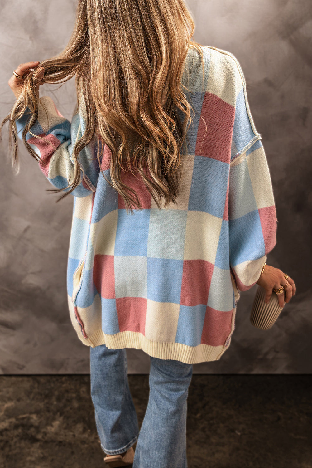 Blue Checkered Open Front Cardigan